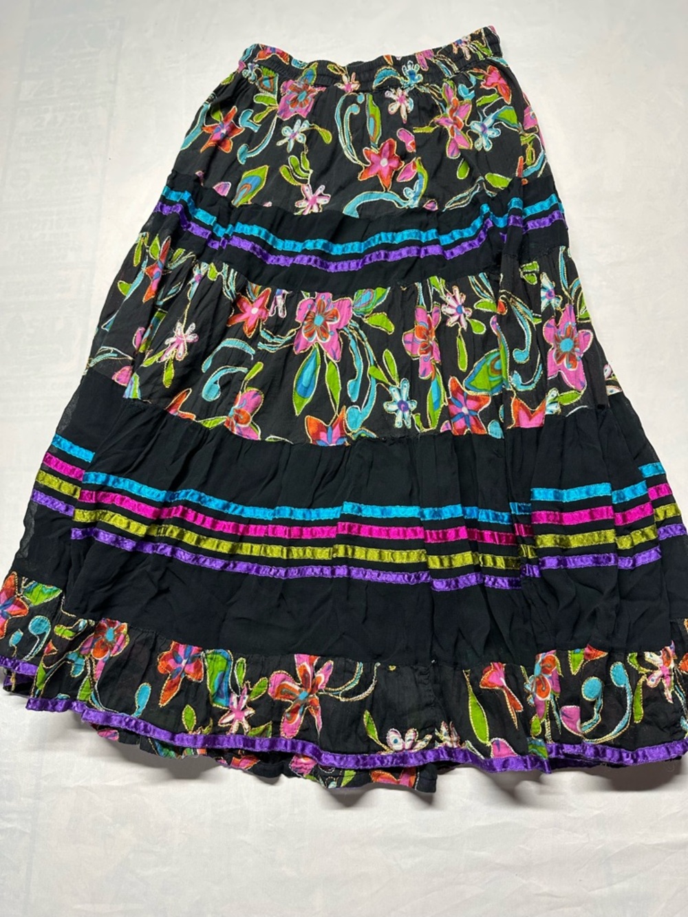 VTG Silver Dream Boho Tiered Ribbon Floral Maxi Skirt One Size - Picture 6 of 6
